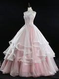 A Line Tulle Lace Long Prom Dress, Pink Sweet 16 Dress HZ1024