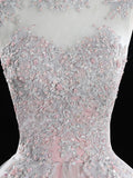 A Line Tulle Lace Long Prom Dress, Pink Sweet 16 Dress HZ1024