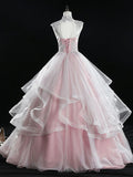 A Line Tulle Lace Long Prom Dress, Pink Sweet 16 Dress HZ1024
