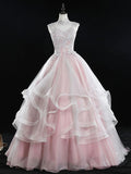 A Line Tulle Lace Long Prom Dress, Pink Sweet 16 Dress HZ1024