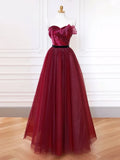 Sweetheart Neck Tulle Burgundy Long Prom Dress, Burgundy Long Formal Dress HZ1024