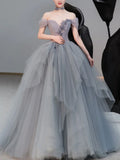 sweetheart neck tulle long prom dress, gray evening dress HZ1024