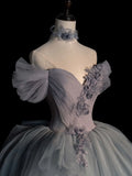 sweetheart neck tulle long prom dress, gray evening dress HZ1024