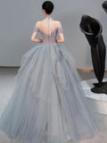 sweetheart neck tulle long prom dress, gray evening dress HZ1024