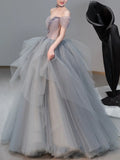 sweetheart neck tulle long prom dress, gray evening dress HZ1024