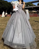 sweetheart neck tulle long prom dress, gray evening dress HZ1024