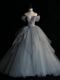 sweetheart neck tulle long prom dress, gray evening dress HZ1024