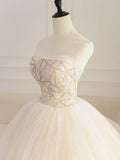 tulle sequin beads long prom dress, champagne evening dress HZ1024