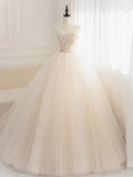 tulle sequin beads long prom dress, champagne evening dress HZ1024