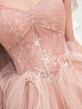 pink sweetheart neck tulle long prom dress, pink tulle formal dress HZ1024