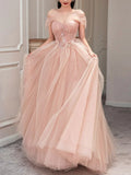 pink sweetheart neck tulle long prom dress, pink tulle formal dress HZ1024