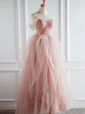 pink sweetheart neck tulle long prom dress, pink tulle formal dress HZ1024