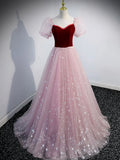 pink A line velvet tulle long prom dress, pink evening dress HZ1024