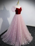 pink A line velvet tulle long prom dress, pink evening dress HZ1024
