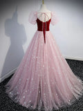 pink A line velvet tulle long prom dress, pink evening dress HZ1024