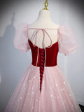 pink A line velvet tulle long prom dress, pink evening dress HZ1024