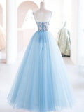Blue tulle beads long prom dress, blue tulle long evening dress HZ1024