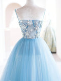 Blue tulle beads long prom dress, blue tulle long evening dress HZ1024