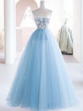 Blue tulle beads long prom dress, blue tulle long evening dress HZ1024