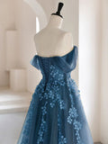 Green A-Line Off Shoulder Tulle Lace Long Prom Dress, Green Tulle Formal Dress HZ1024