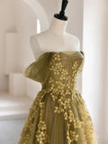 Green A-Line Off Shoulder Tulle Lace Long Prom Dress, Green Tulle Formal Dress HZ1024