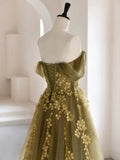 Green A-Line Off Shoulder Tulle Lace Long Prom Dress, Green Tulle Formal Dress HZ1024