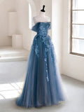 Green A-Line Off Shoulder Tulle Lace Long Prom Dress, Green Tulle Formal Dress HZ1024