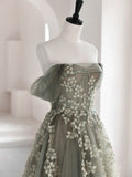 Green A-Line Off Shoulder Tulle Lace Long Prom Dress, Green Tulle Formal Dress HZ1024