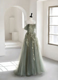 Green A-Line Off Shoulder Tulle Lace Long Prom Dress, Green Tulle Formal Dress HZ1024