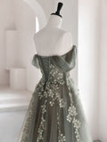 Green A-Line Off Shoulder Tulle Lace Long Prom Dress, Green Tulle Formal Dress HZ1024