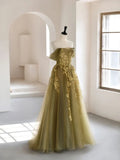 Green A-Line Off Shoulder Tulle Lace Long Prom Dress, Green Tulle Formal Dress HZ1024