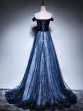 Blue Tulle Velvet Long Prom Dress, Blue Evening Dress HZ1024