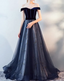 Blue Tulle Velvet Long Prom Dress, Blue Evening Dress HZ1024