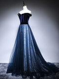 Blue Tulle Velvet Long Prom Dress, Blue Evening Dress HZ1024