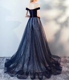 Blue Tulle Velvet Long Prom Dress, Blue Evening Dress HZ1024