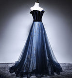 Blue Tulle Velvet Long Prom Dress, Blue Evening Dress HZ1024