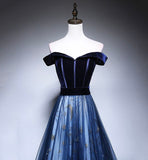 Blue Tulle Velvet Long Prom Dress, Blue Evening Dress HZ1024