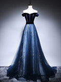 Blue Tulle Velvet Long Prom Dress, Blue Evening Dress HZ1024