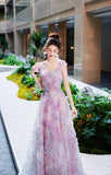 A-line Tulle Sequined Long Prom Dress,Purple Evening Dress HZ1024