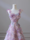A-line Tulle Sequined Long Prom Dress,Purple Evening Dress HZ1024