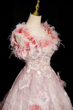 A-line square neck tulle beaded formal long dress, pink birthday dress HZ1024