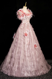 A-line square neck tulle beaded formal long dress, pink birthday dress HZ1024