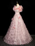 A-line square neck tulle beaded formal long dress, pink birthday dress HZ1024