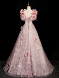 A-line square neck tulle beaded formal long dress, pink birthday dress HZ1024