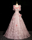 A-line square neck tulle beaded formal long dress, pink birthday dress HZ1024