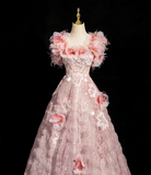 A-line square neck tulle beaded formal long dress, pink birthday dress HZ1024
