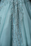 A-line mesh sequins formal long dress, green sequins evening dress HZ1024