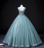 A-line mesh sequins formal long dress, green sequins evening dress HZ1024