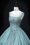 A-line mesh sequins formal long dress, green sequins evening dress HZ1024
