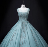 A-line mesh sequins formal long dress, green sequins evening dress HZ1024